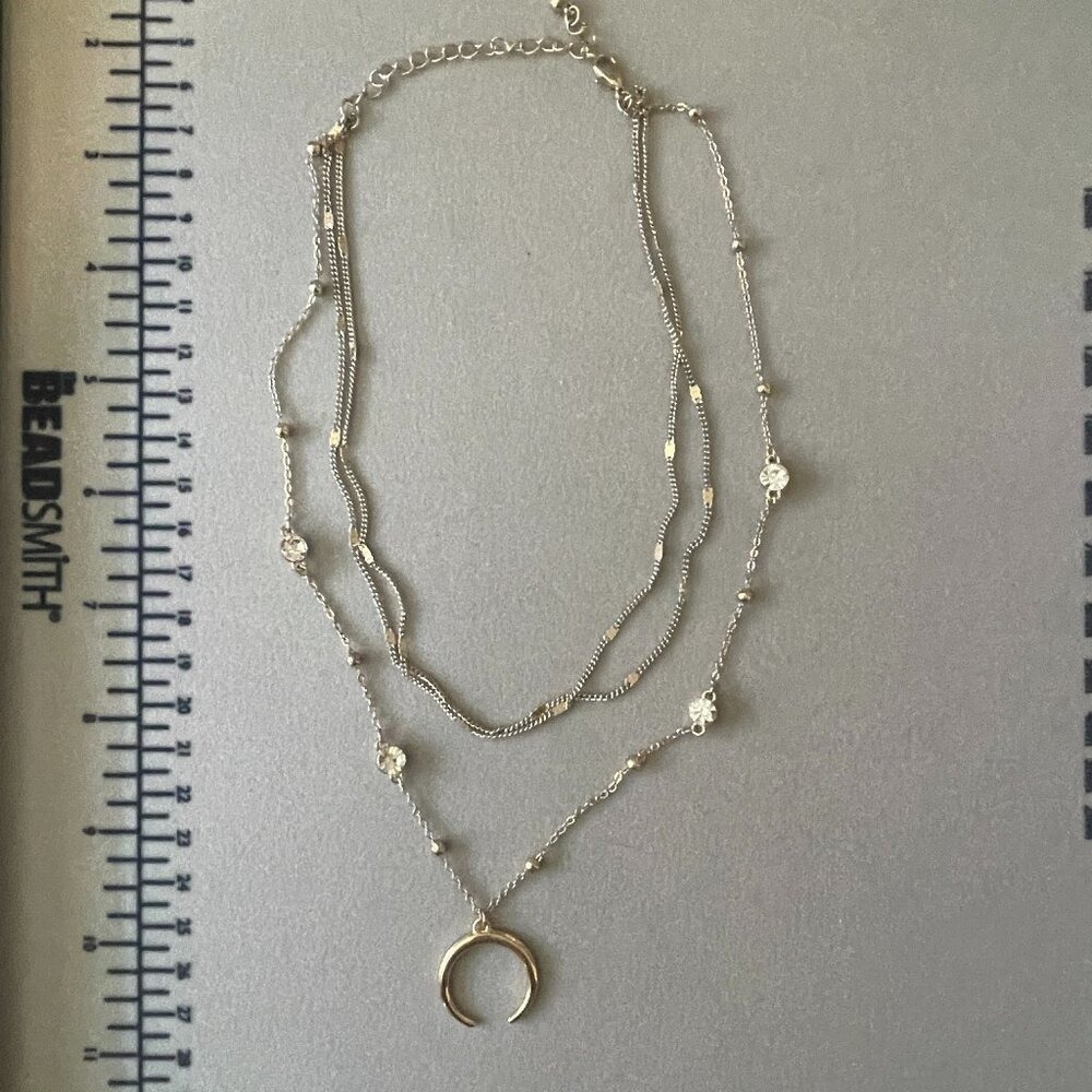 Gold Tone Crescent Moon Pendant 3 Tier Chain Necklace Boho Hippy Gypsy Minimal